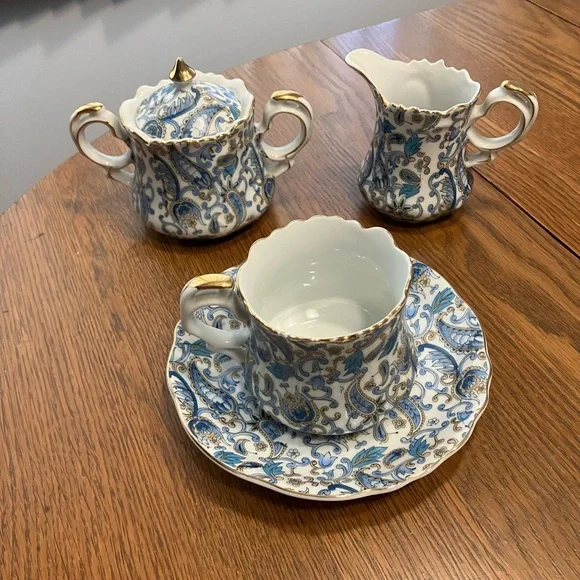 Vintage MCM Lefton 5pc Blue Paisley Design w/Gold Trim Bone China Tea Set - Picture 1 of 16